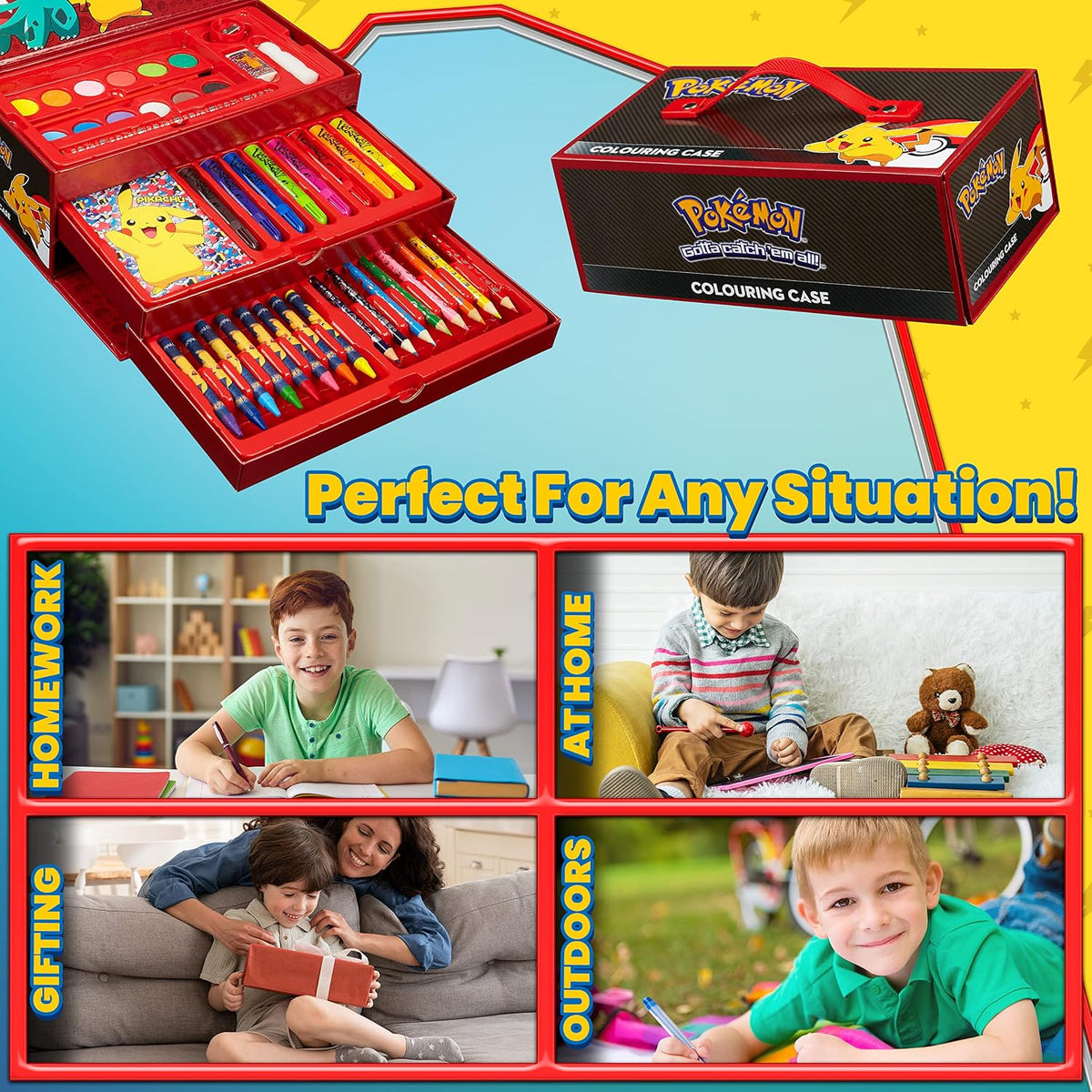 Pokemon Malkoffer Kinder Bastelset Malen Set mit Wasserfarben Filzstifte Buntstifte Wachsmalstifte Pikachu Geschenke für Kinder
