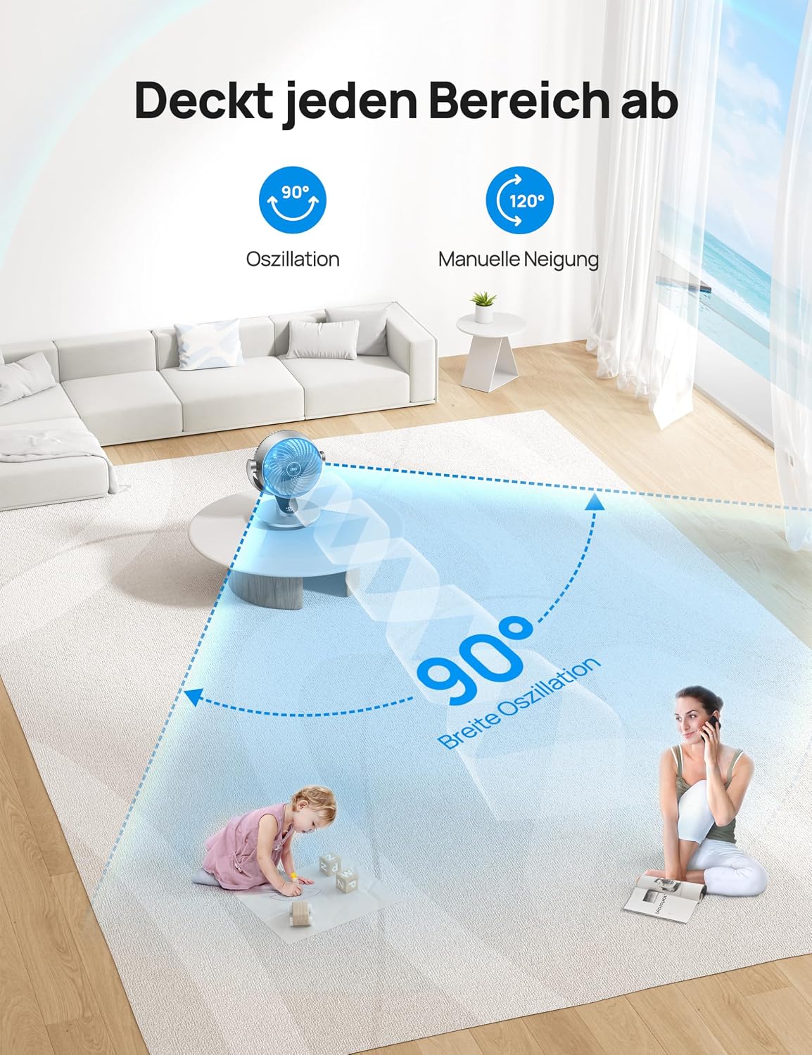 28dB Leiser Smart Tischventilator für Schlafzimmer Büro, Ventilator mit Fernbedienung Kühlung 21M Windentfernung 4-Geschwindigstufe 5 Modi 12H Timer 90° Auto 120° Manuell oszillierend, Lynx S