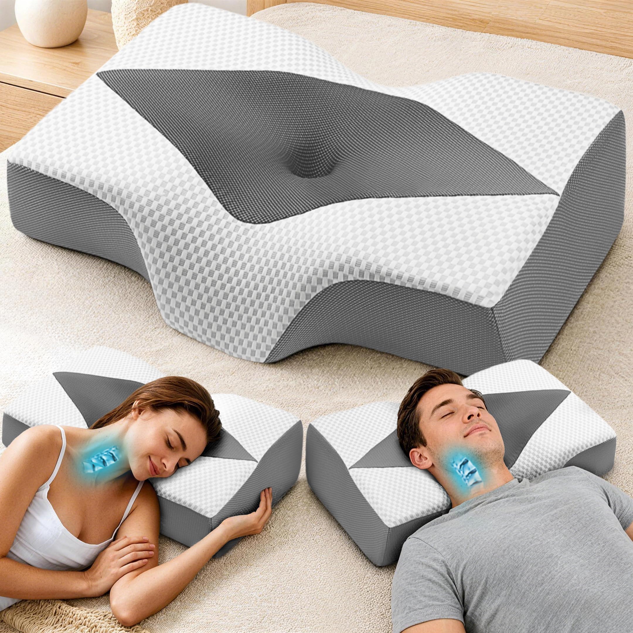 Nackenstützkissen gegen Nackenschmerzen, orthopädisches Kopfkissen, ergonomisches Memory Foam Nackenkissen mit 2 Höhen, Hohlraum & kühlendem Bezug, für Seiten- und Rückenschläfer