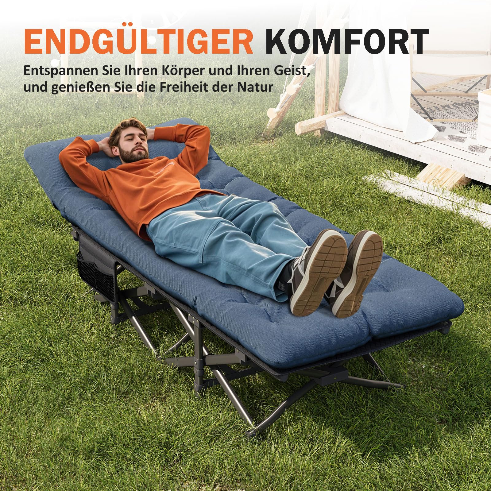 Camping Bett - Feldbett - Gästebett bis 200 kg mit Seitentasche, Portable Camping Lounge, Outdoor, Garten, Reisen, Camping, Indoor