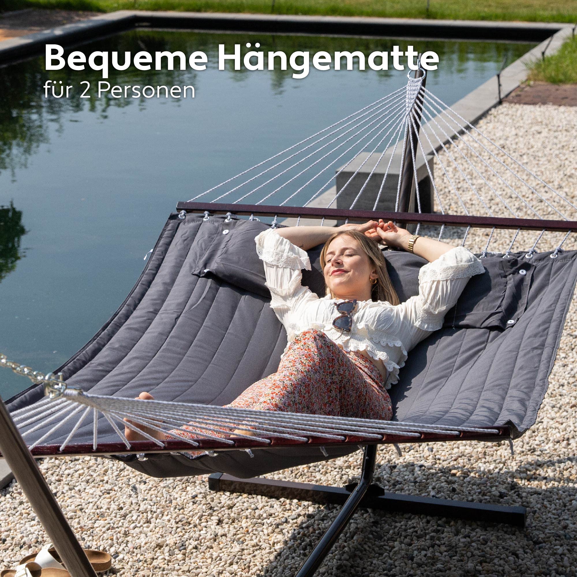 Hängematte mit Gestell und Tisch - Hängematte Outdoor für den Garten, Pool & Balkon - Großzügige Hängematten 2 Personen - Doppelhängematte mit Ständer und Beistelltisch - 200 kg Belastbarkeit