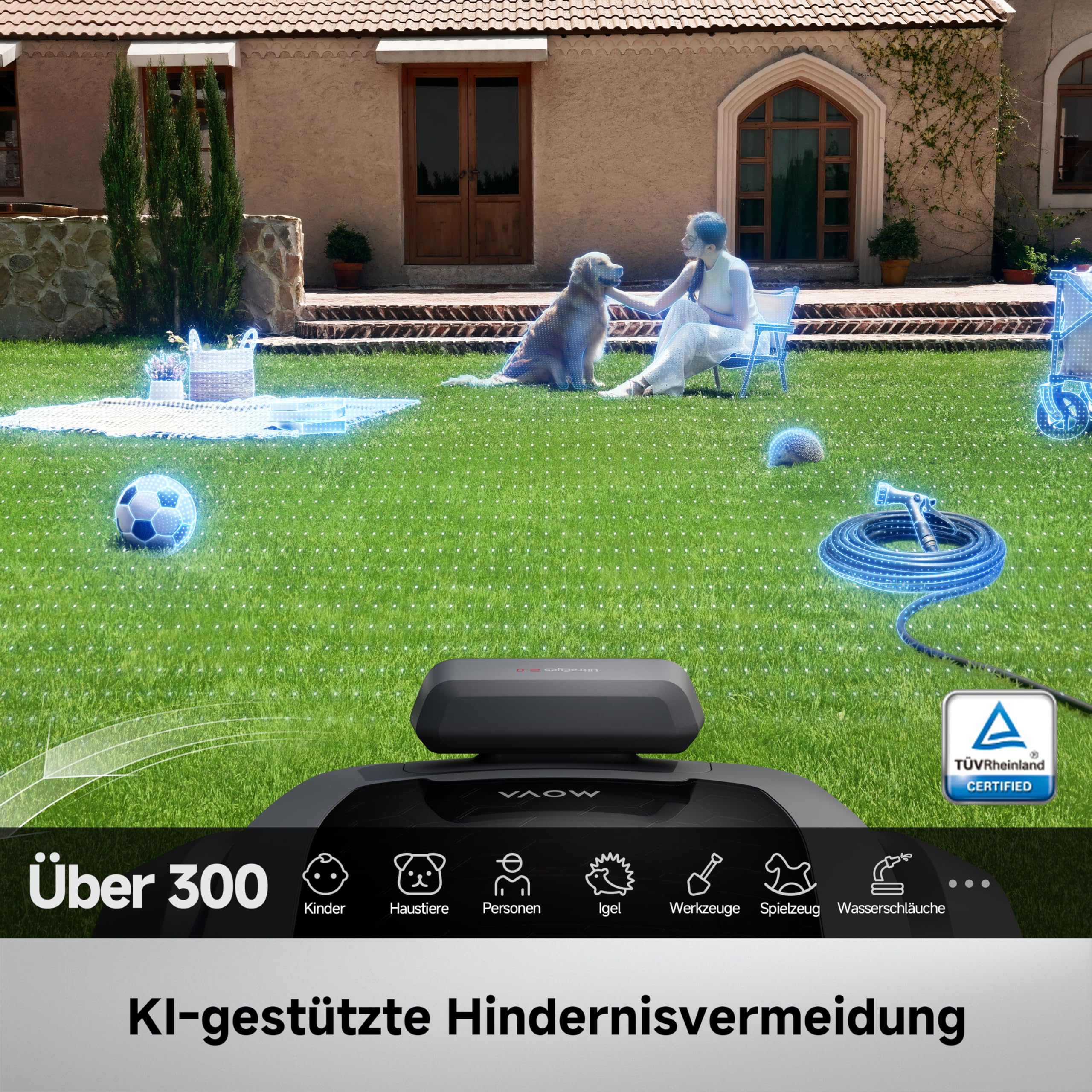 MOVA ViAX 250 Mähroboter Ohne Begrenzungskabel, Empf. 250m², KI-gestützte Kartierung, U-förmige Bahnen, Hindernisvermeidung Dual-Vision, Besserer Kantenschnitt, Für Komplexe Gelände, Appsteuerung