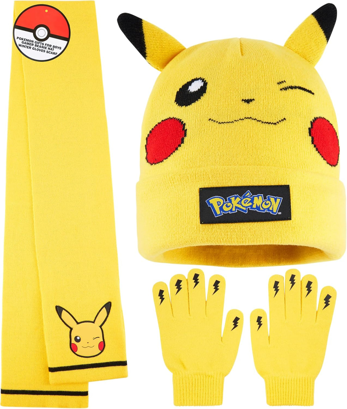 Pokemon Mütze Schal Handschuhe Set Jungen 8–10 Jahre, 3D Pikachu Beanie, Weiches Strick-Winterset, Anime Geschenke für Kinder