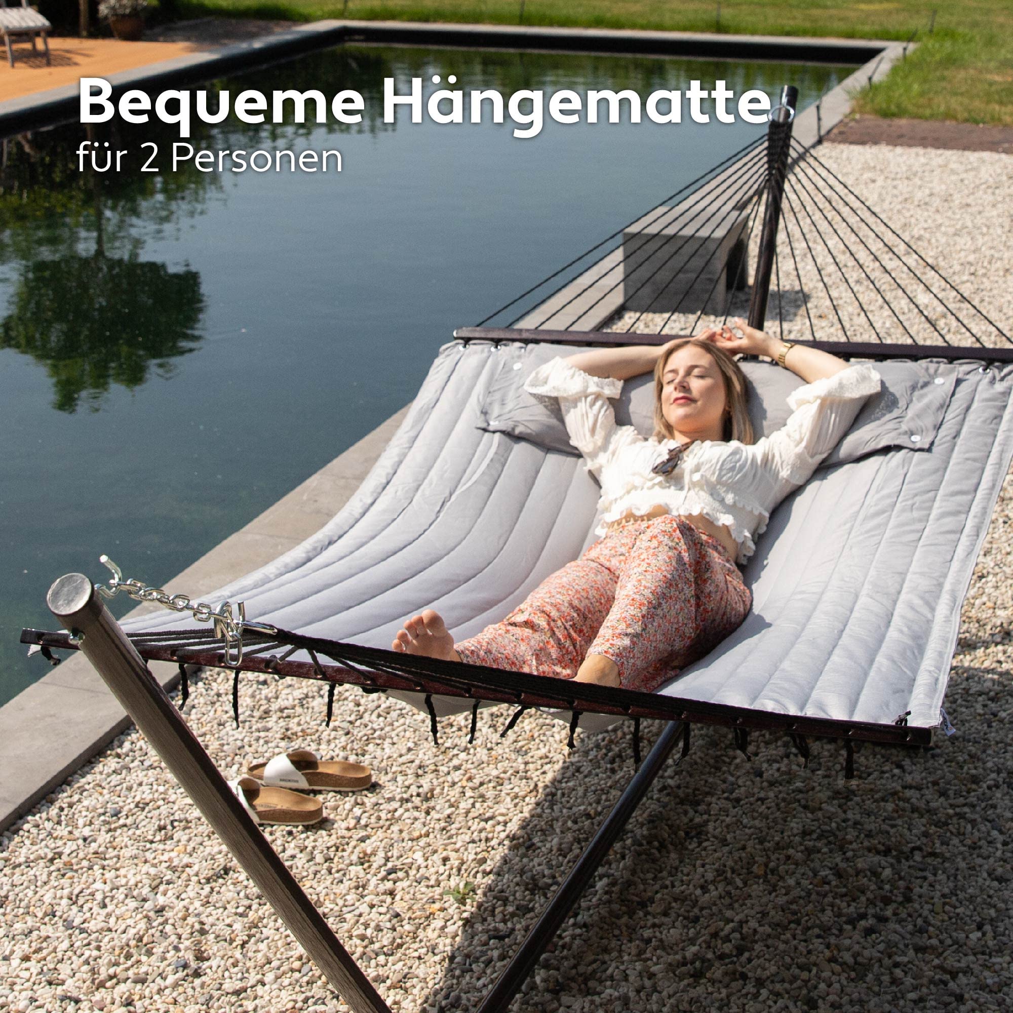 Hängematte mit Gestell und Tisch - Hängematte Outdoor für den Garten, Pool & Balkon - Großzügige Hängematten 2 Personen - Doppelhängematte mit Ständer und Beistelltisch - 200 kg Belastbarkeit