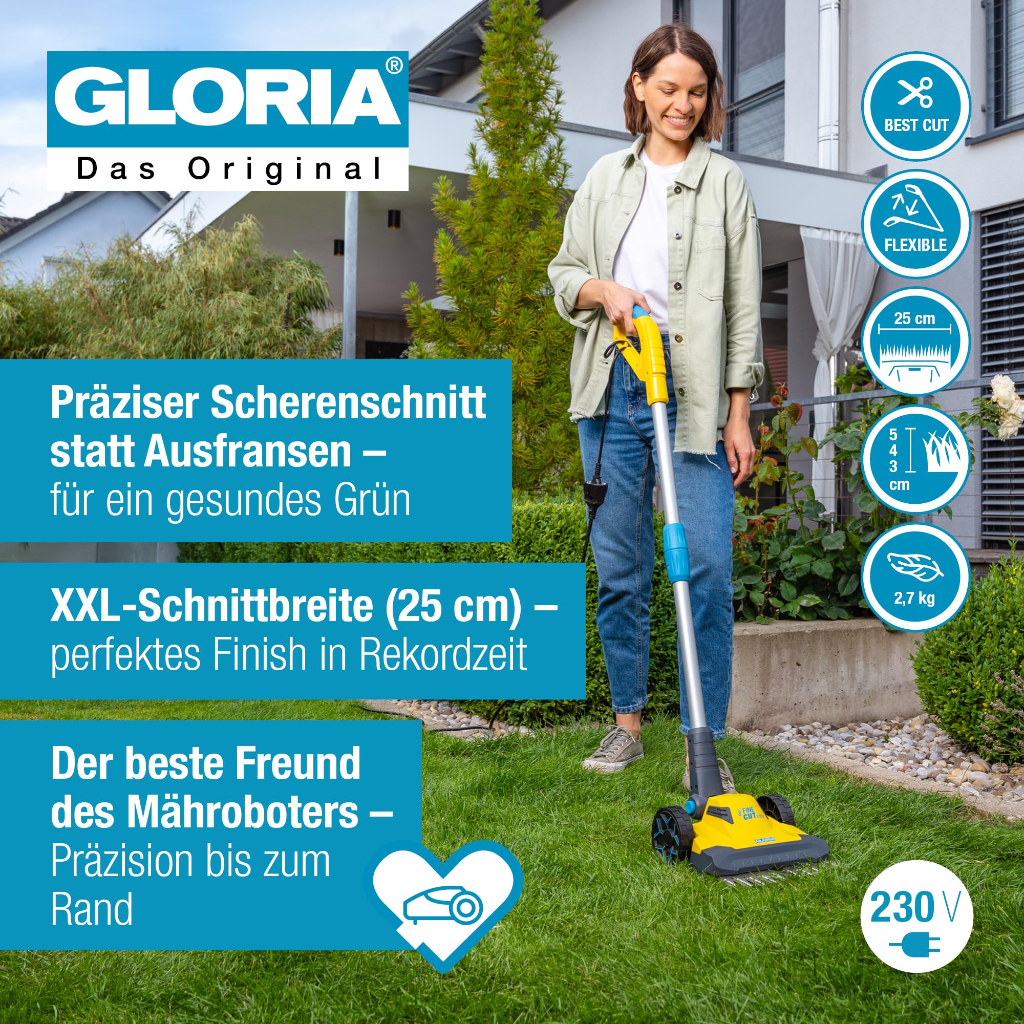 Rasentrimmer & Kantenschneider FineCut Varianten 18V Set | 25 cm Schnittbreite für Rasenkanten & kleine Gärten | inkl. Bosch Akku & Ladegerät | Ideal als Ergänzung zum Mähroboter, Gelb und Blau, Auswahl Varianten
