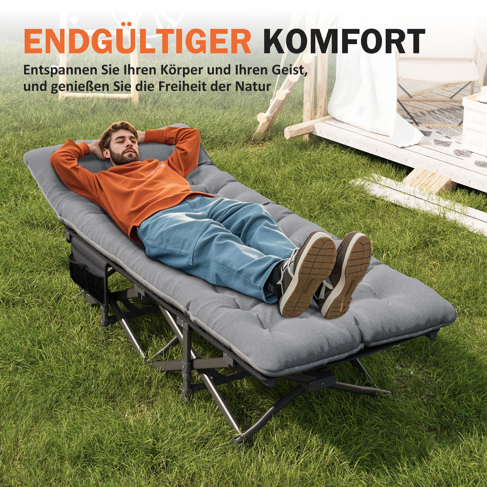 Camping Bett - Feldbett - Gästebett bis 200 kg mit Seitentasche, Portable Camping Lounge, Outdoor, Garten, Reisen, Camping, Indoor