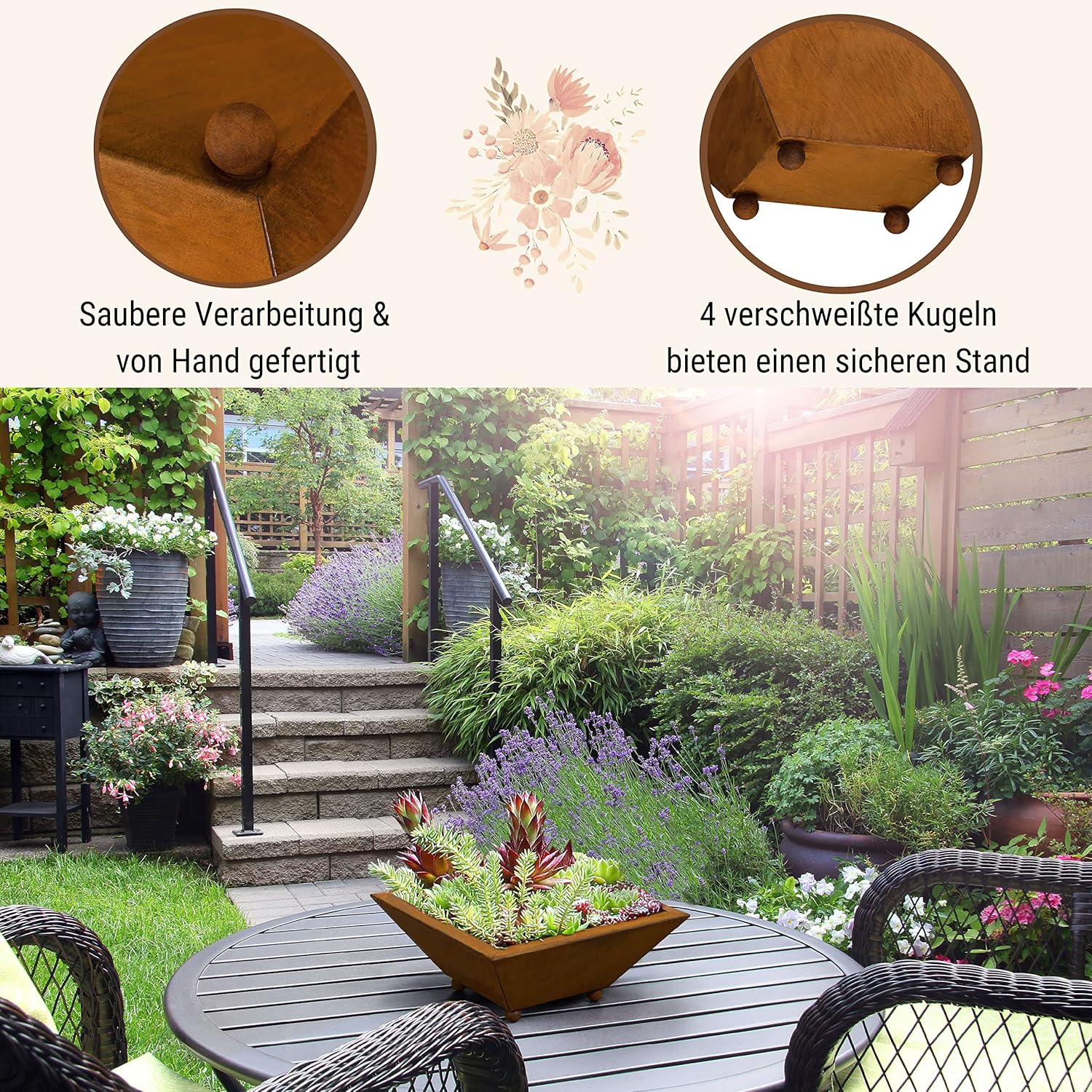Edelrost Blumenschale 35 × 35 cm – Eckige Pflanzschale aus Cortenstahl auf Kugelfüßen – Wetterfeste Gartendeko für Garten, Terrasse & Hauseingang