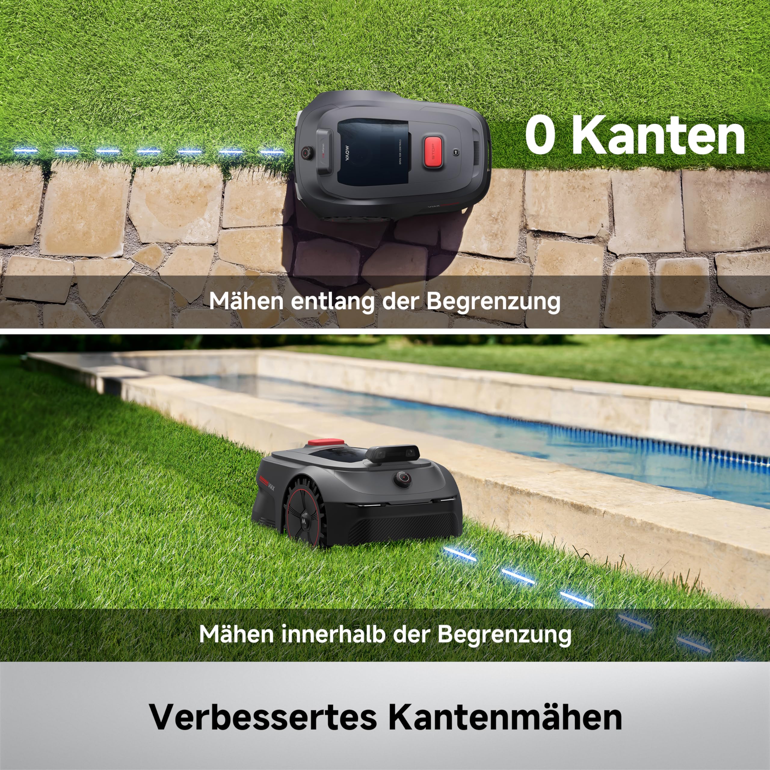 MOVA ViAX 250 Mähroboter Ohne Begrenzungskabel, Empf. 250m², KI-gestützte Kartierung, U-förmige Bahnen, Hindernisvermeidung Dual-Vision, Besserer Kantenschnitt, Für Komplexe Gelände, Appsteuerung