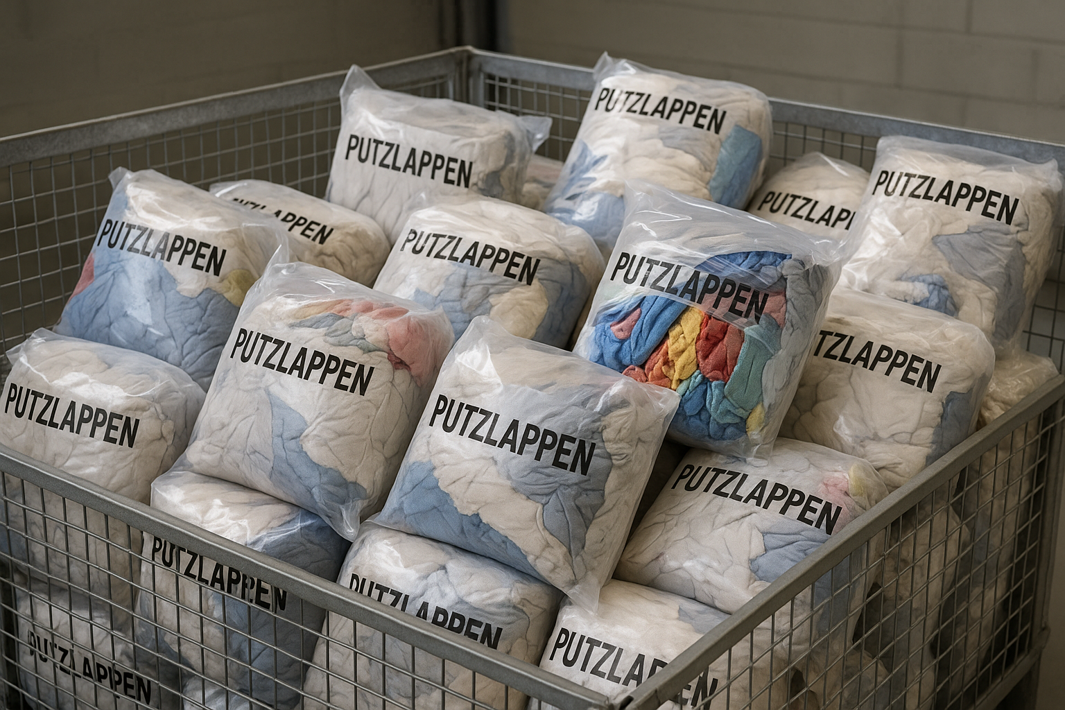 Container voll mit Beutel Putzlappen