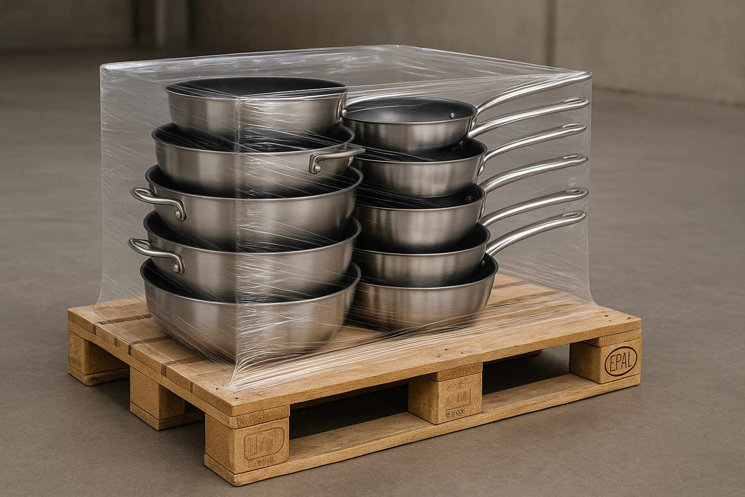 Pfannen auf Europalette in Plastikfolie verpackt