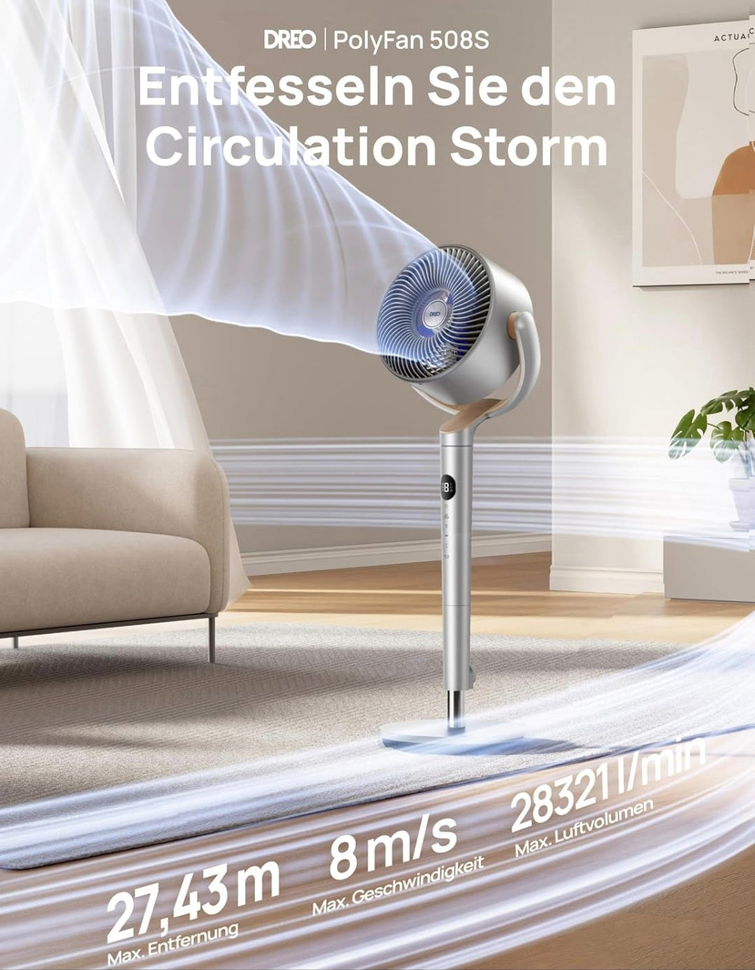 Starker Standventilator - Oszillierender Ventilator mit Fernbedienung / Bodenventilator / Turmventilator , 8H Timer, Silber