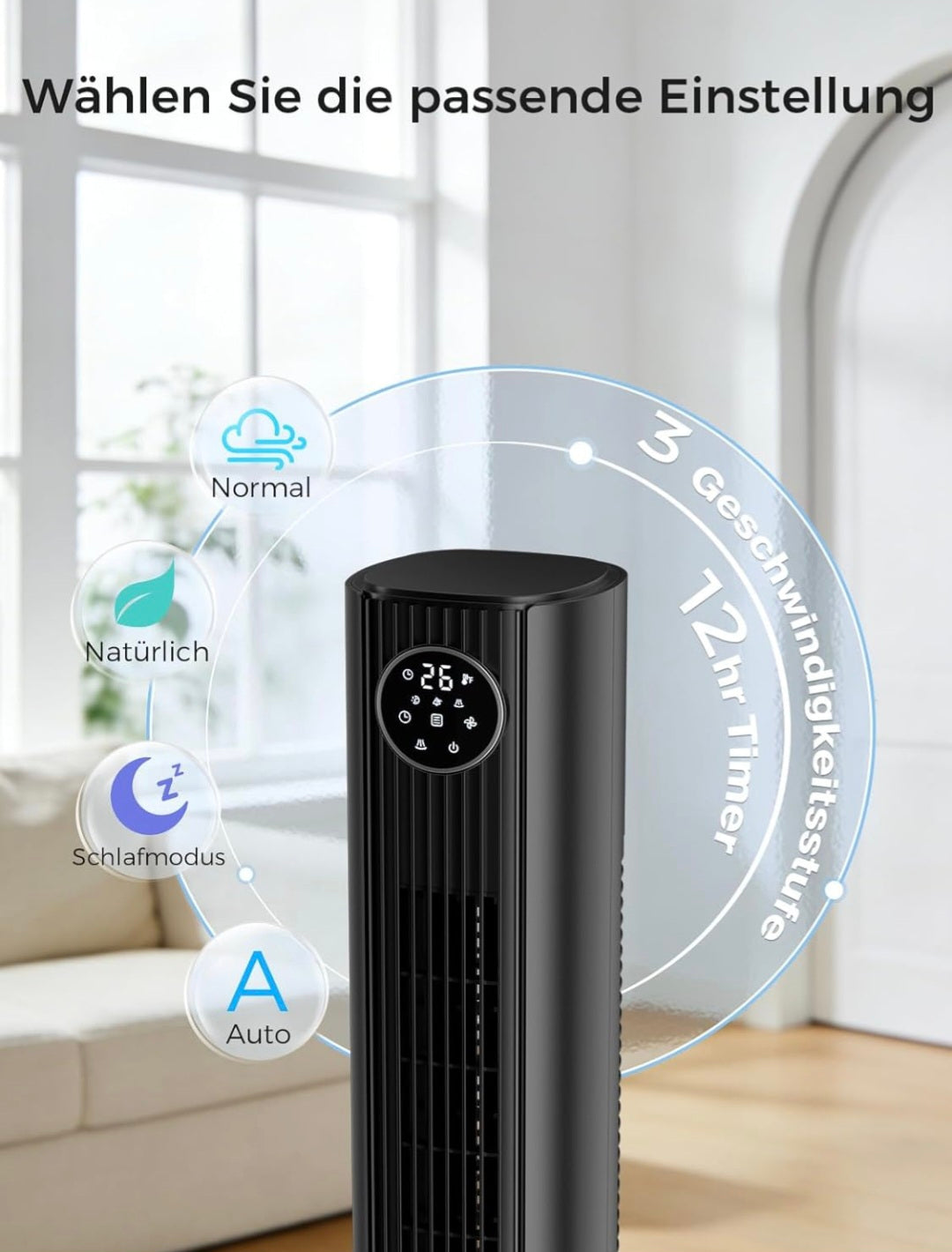 Starker Turmventilator 90 cm mit Fernbedienung, leiser Standventilator mit 28 dB, 3 Geschwindigkeiten, 4 Modi, 85° Oszillation, LED-Touch-Display, 12 Std. Timer, für Schlafzimmer, Büro und Zuhause