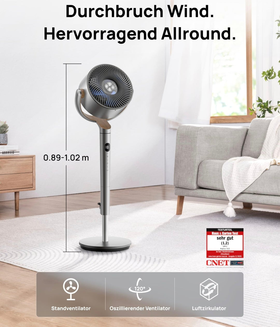 Starker Standventilator - Oszillierender Ventilator mit Fernbedienung / Bodenventilator / Turmventilator , 8H Timer, Silber