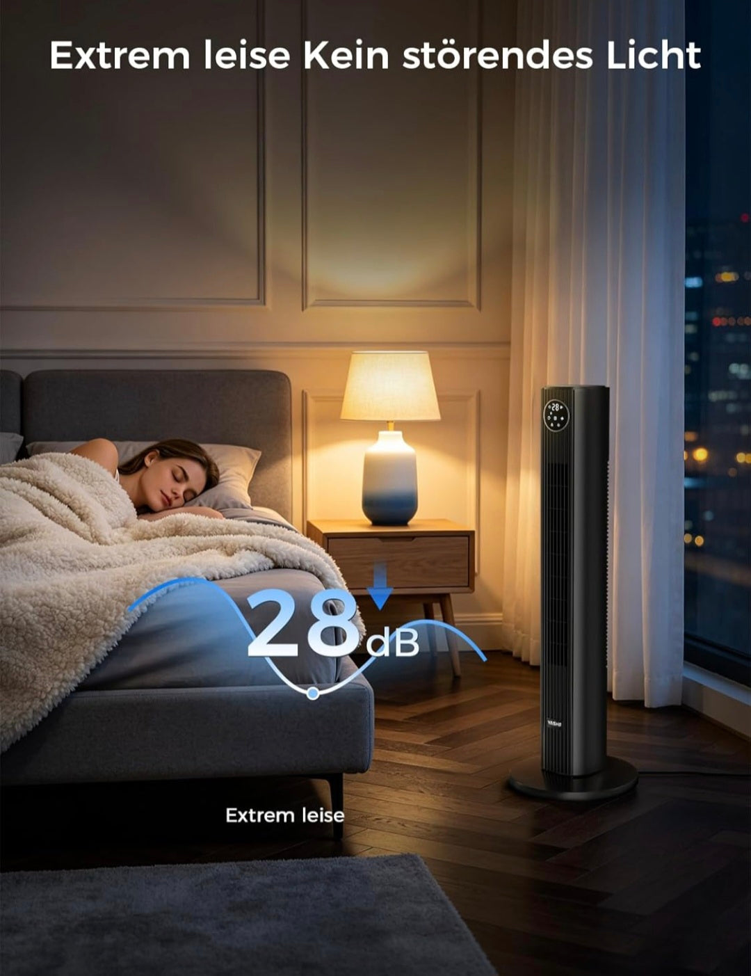 Starker Turmventilator 90 cm mit Fernbedienung, leiser Standventilator mit 28 dB, 3 Geschwindigkeiten, 4 Modi, 85° Oszillation, LED-Touch-Display, 12 Std. Timer, für Schlafzimmer, Büro und Zuhause