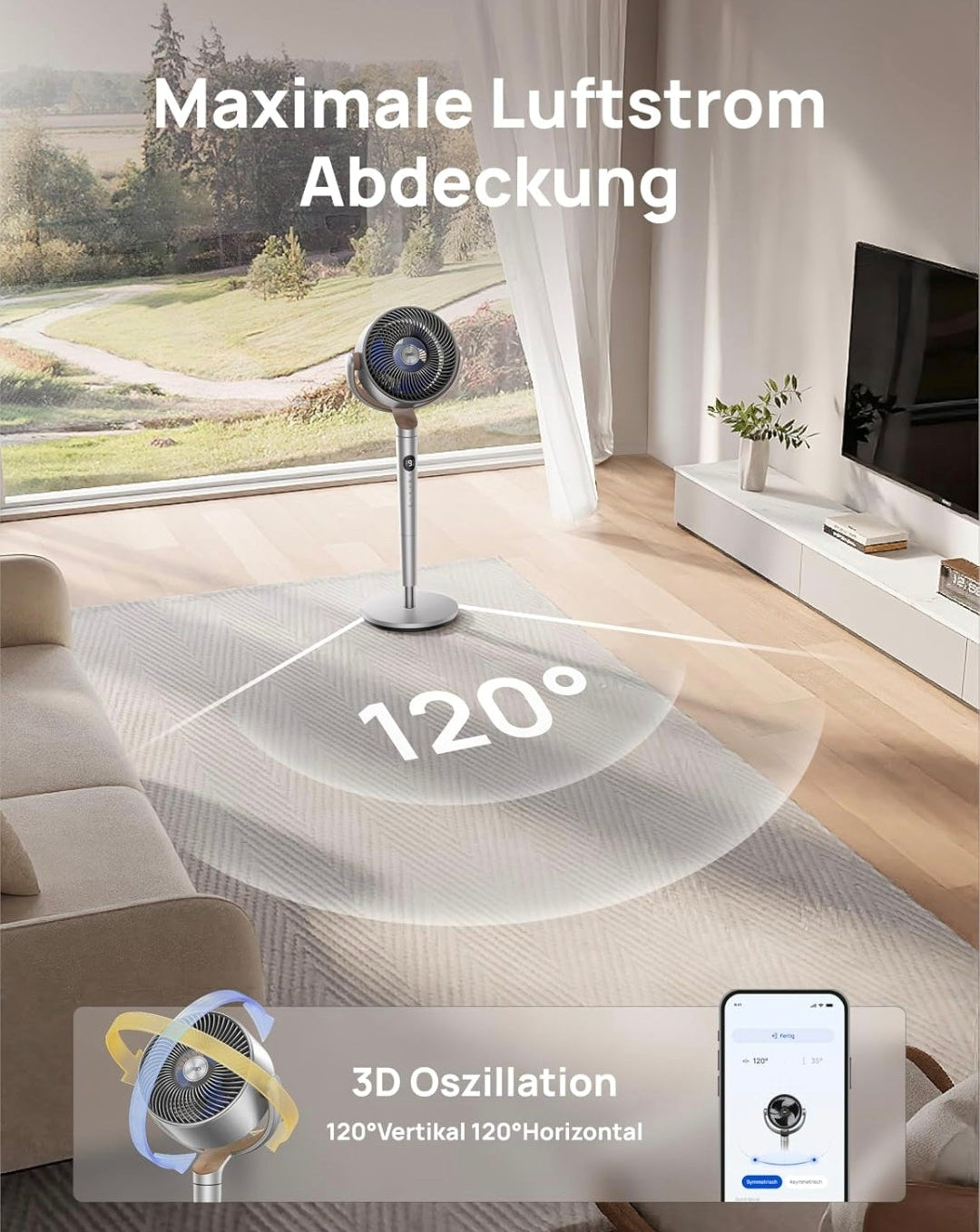 Starker Standventilator - Oszillierender Ventilator mit Fernbedienung / Bodenventilator / Turmventilator , 8H Timer, Silber