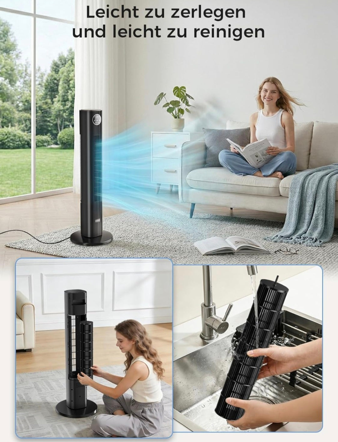 Starker Turmventilator 90 cm mit Fernbedienung, leiser Standventilator mit 28 dB, 3 Geschwindigkeiten, 4 Modi, 85° Oszillation, LED-Touch-Display, 12 Std. Timer, für Schlafzimmer, Büro und Zuhause