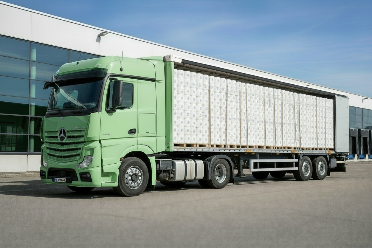 LKW mit 33 Paletten WC Papier / "Roosa" Farbe weiss WC Papier / 8568 Packungen à 8 Rollen / 68544 Rollen! / Gratis Lieferung! - Stiftung Kinderschutz