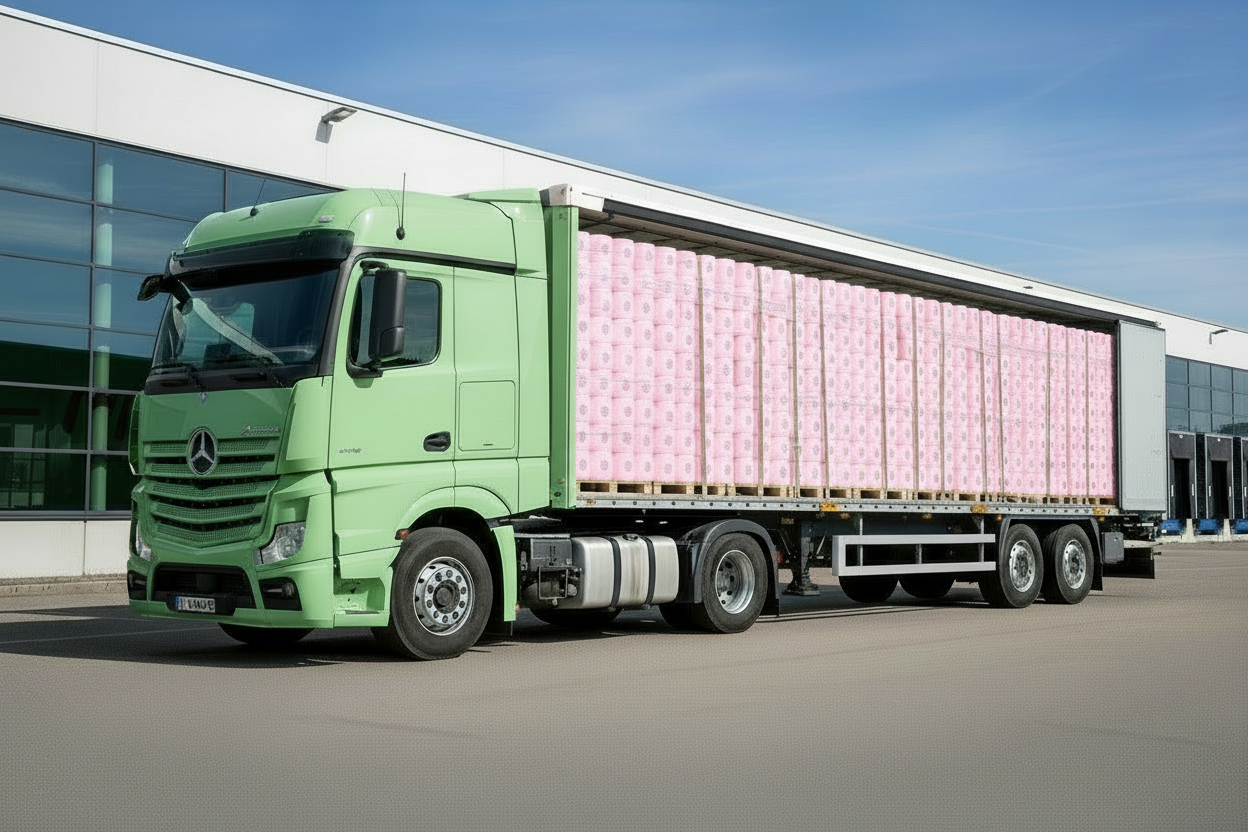 LKW mit 33 Paletten WC Papier / "Roosa" WC Papier / 8568 Packungen à 8 Rollen / 68544 Rollen! / Gratis Lieferung! - Stiftung Kinderschutz